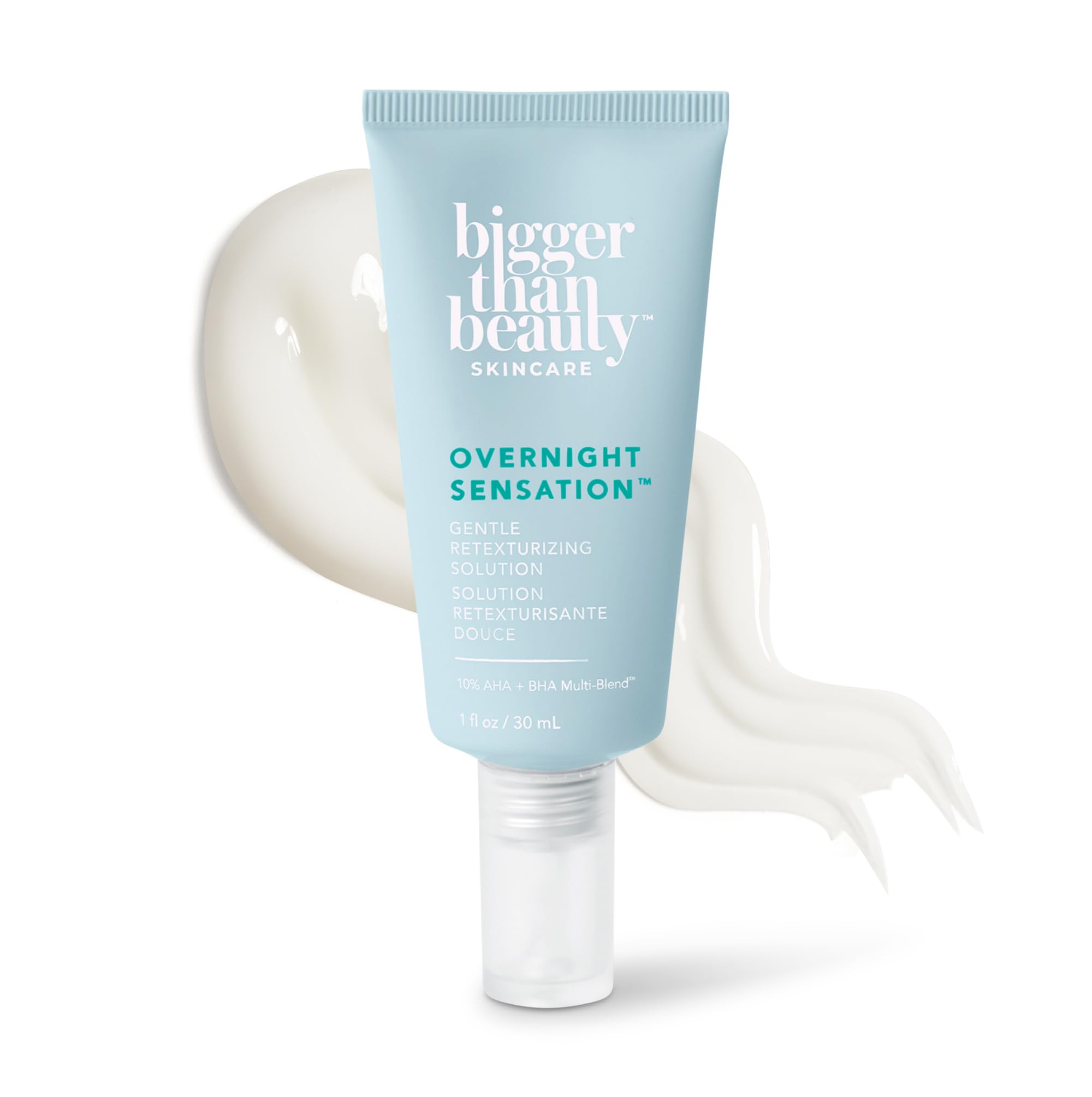 Bigger Than Beauty Overnight Sensation bottle close-up for smoother skin overnight.