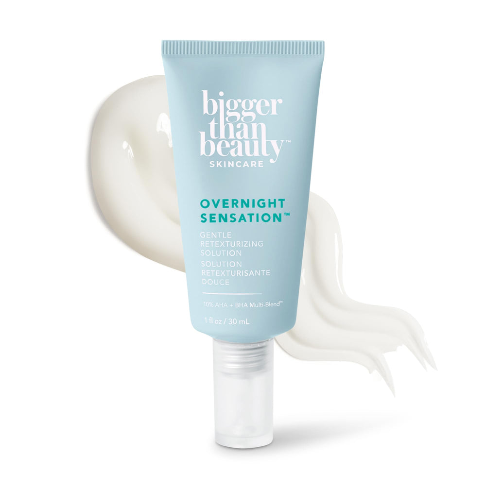 Bigger Than Beauty Overnight Sensation bottle close-up for smoother skin overnight.
