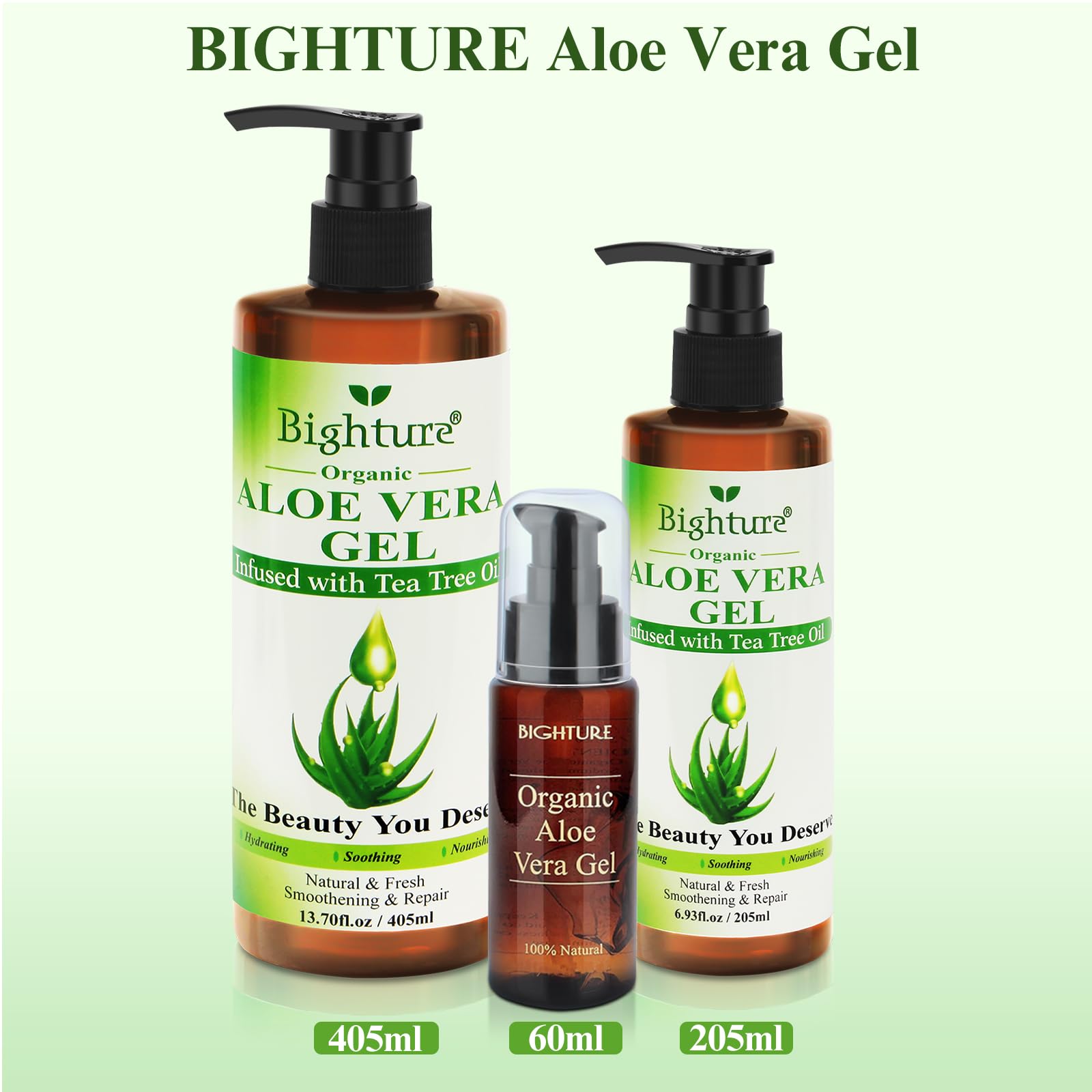 Fresh aloe leaves behind BIGHTURE Aloe Vera Gel emphasizing natural origin