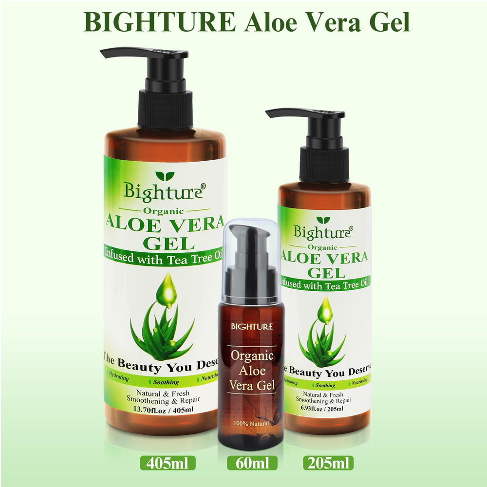 Fresh aloe leaves behind BIGHTURE Aloe Vera Gel emphasizing natural origin