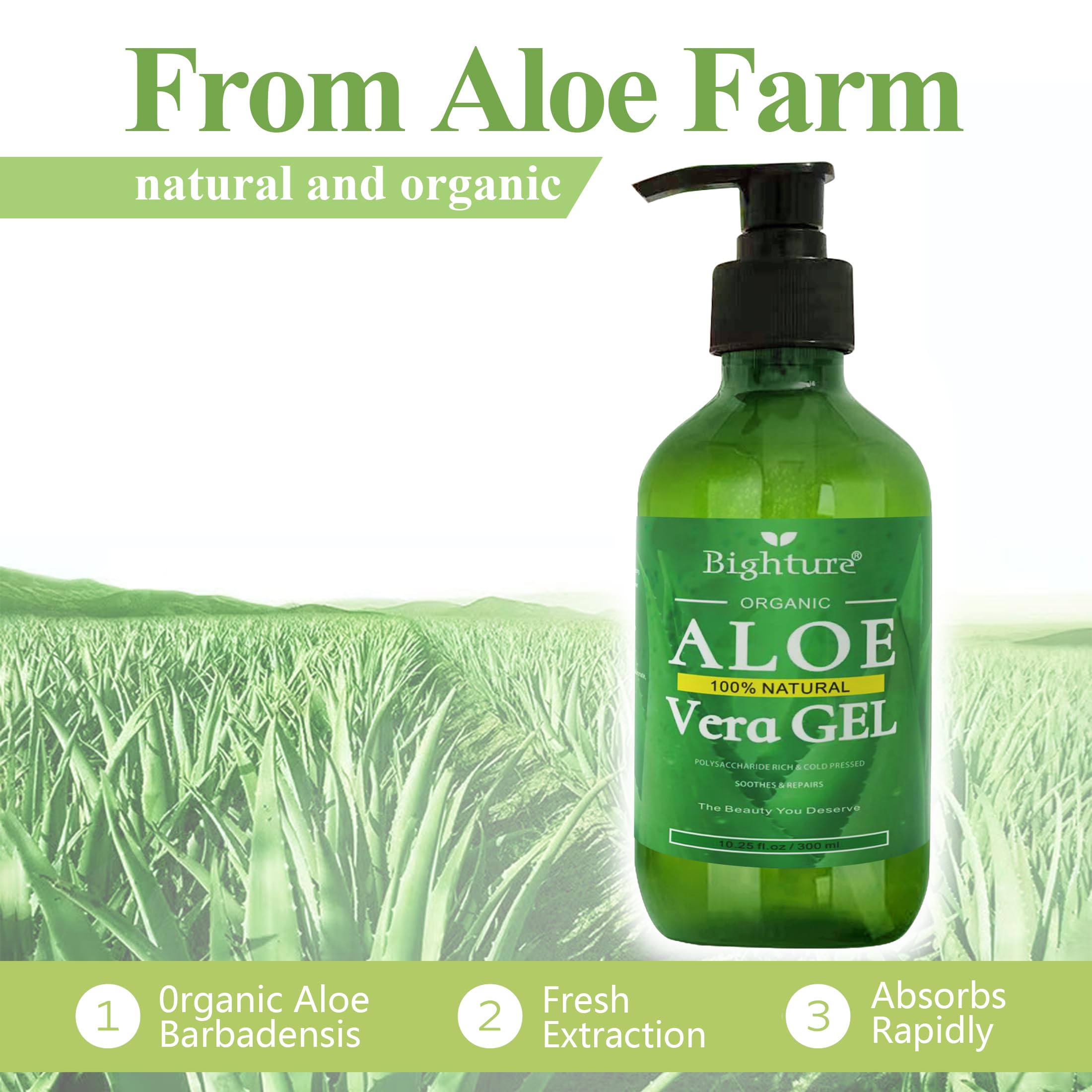 BIGHTURE Aloe Vera Gel applied to hair for moisture and shine.