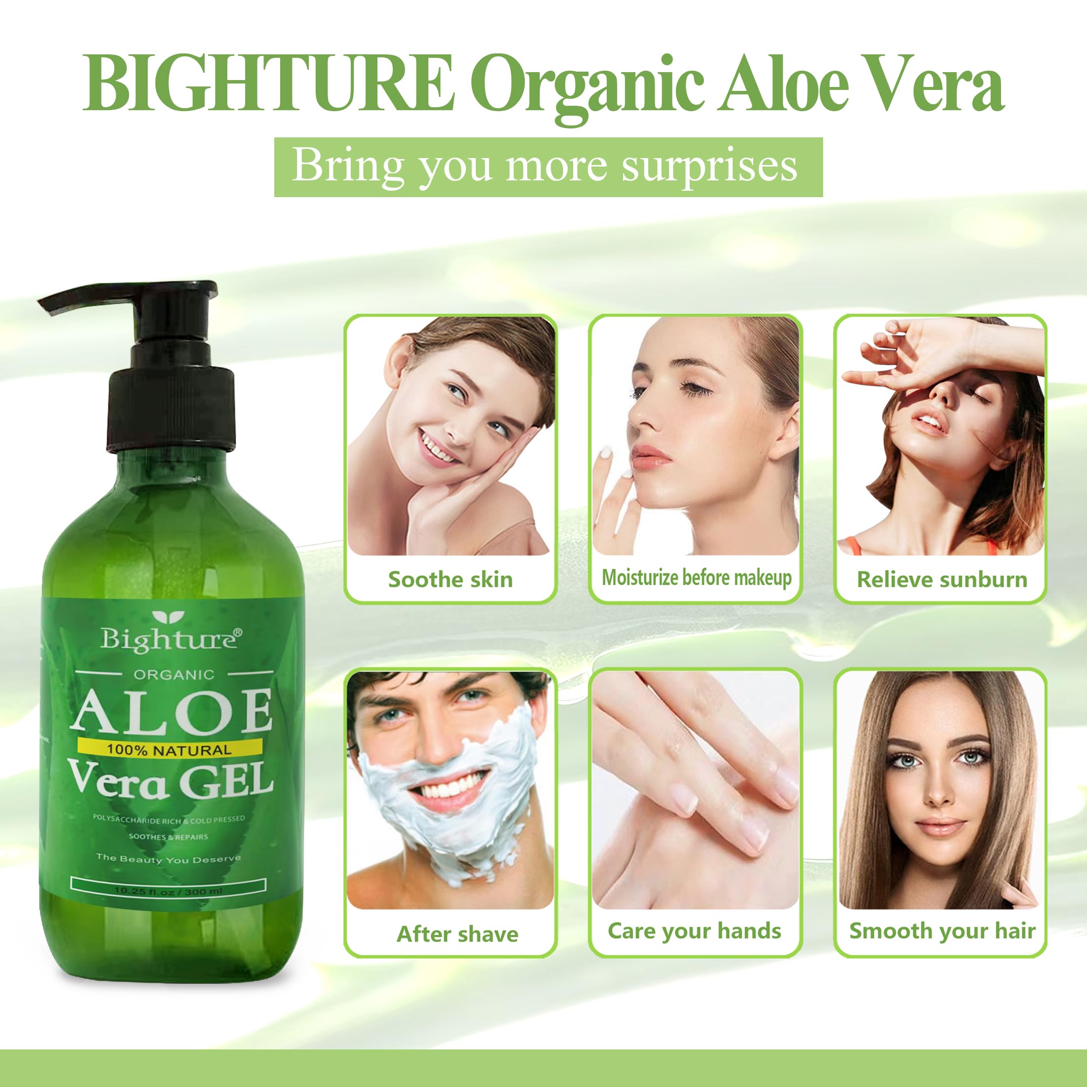 BIGHTURE Aloe Vera Gel on skin after sun exposure for gentle relief.