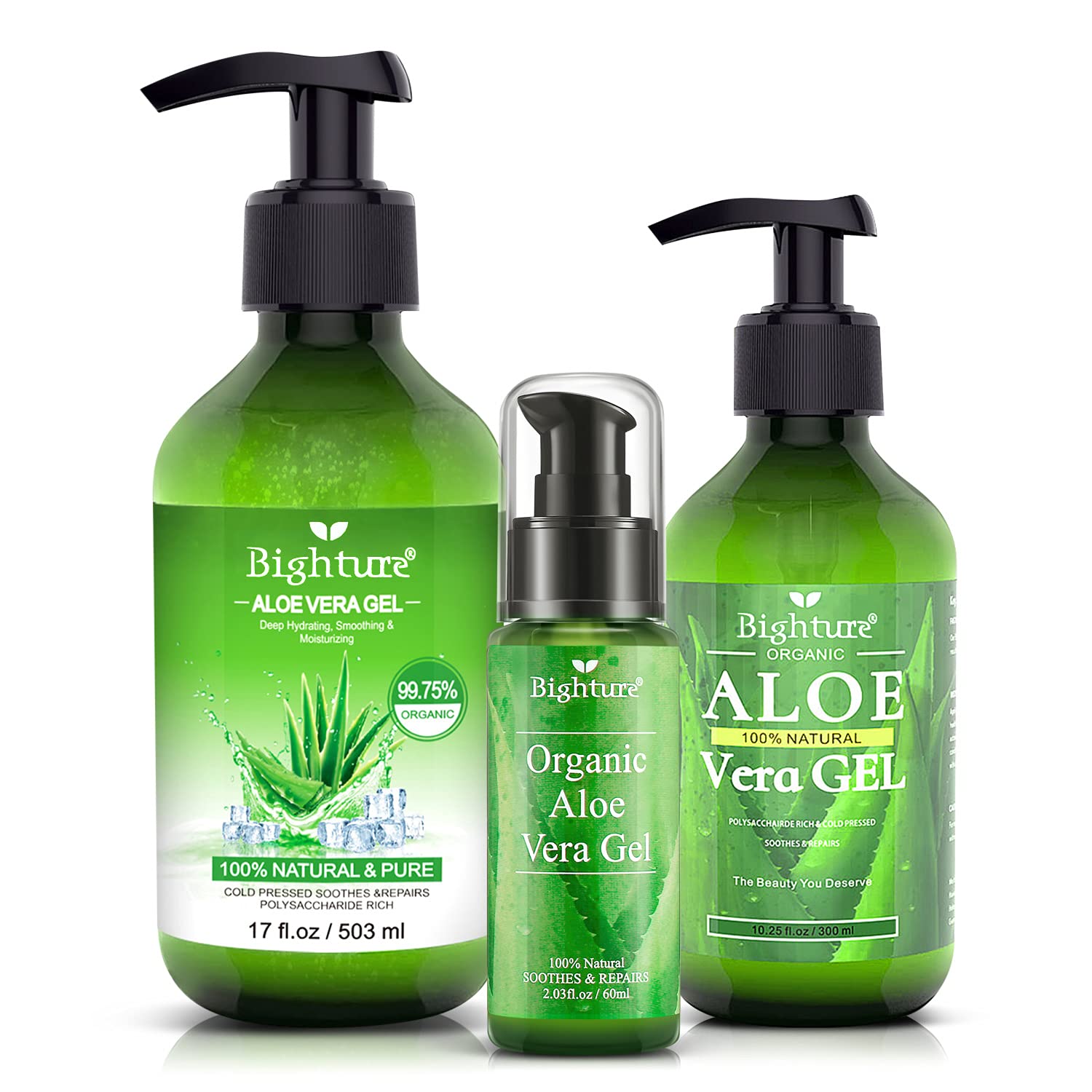 BIGHTURE Aloe Vera Gel bottle with farm origin notes pure, plant-based care.