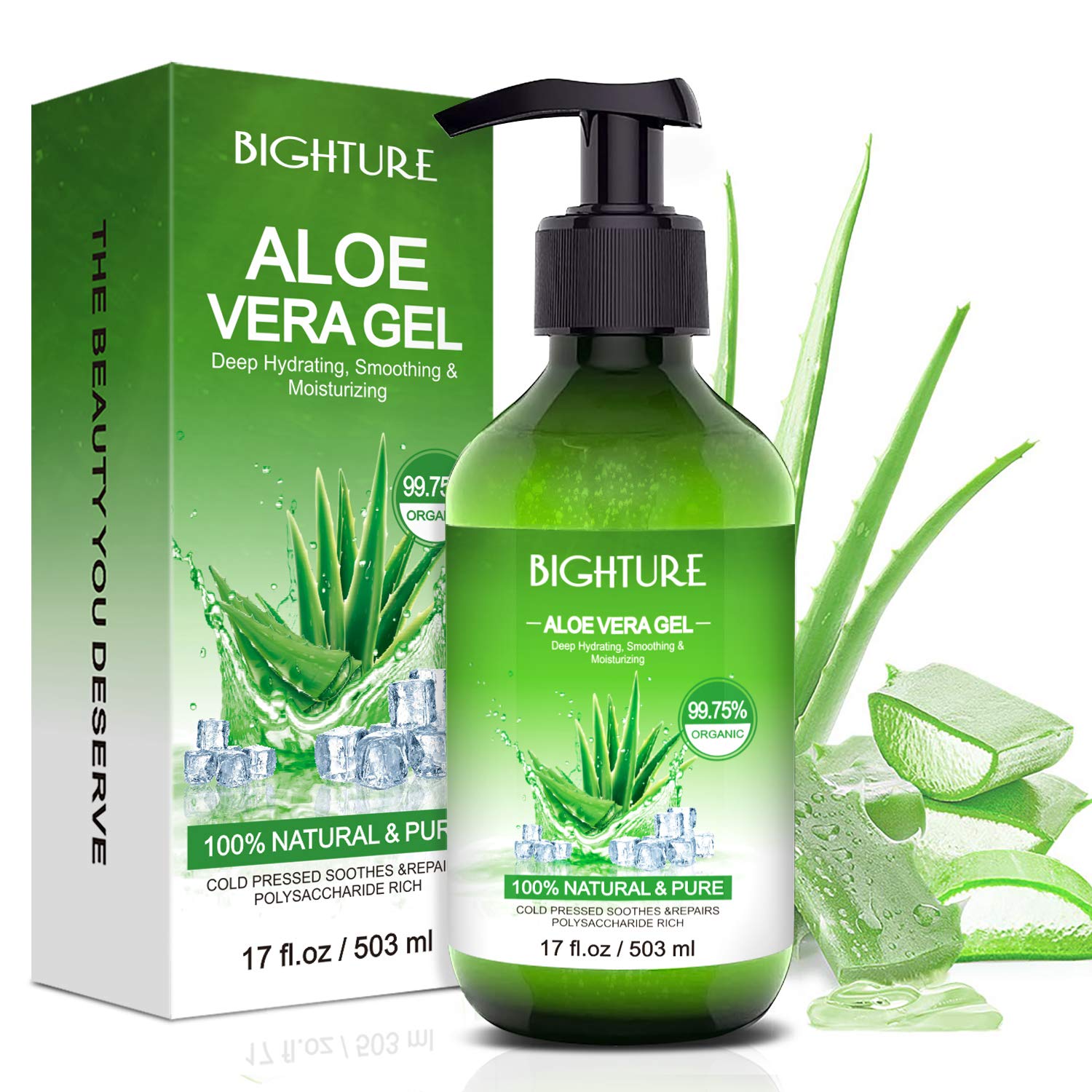 BIGHTURE Aloe Vera Gel for Face bottle close-up, providing pure hydration for radiant skin.