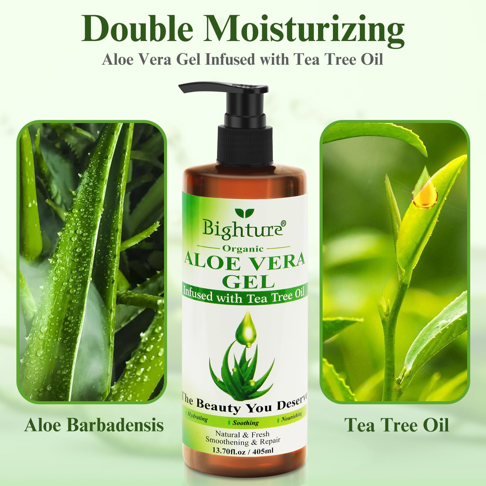 Tea tree oil drop with BIGHTURE Aloe Vera Gel highlighting refreshing scent