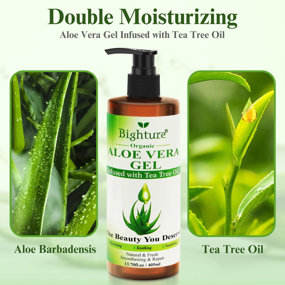 Tea tree oil drop with BIGHTURE Aloe Vera Gel highlighting refreshing scent