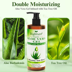 Tea tree oil drop with BIGHTURE Aloe Vera Gel highlighting refreshing scent