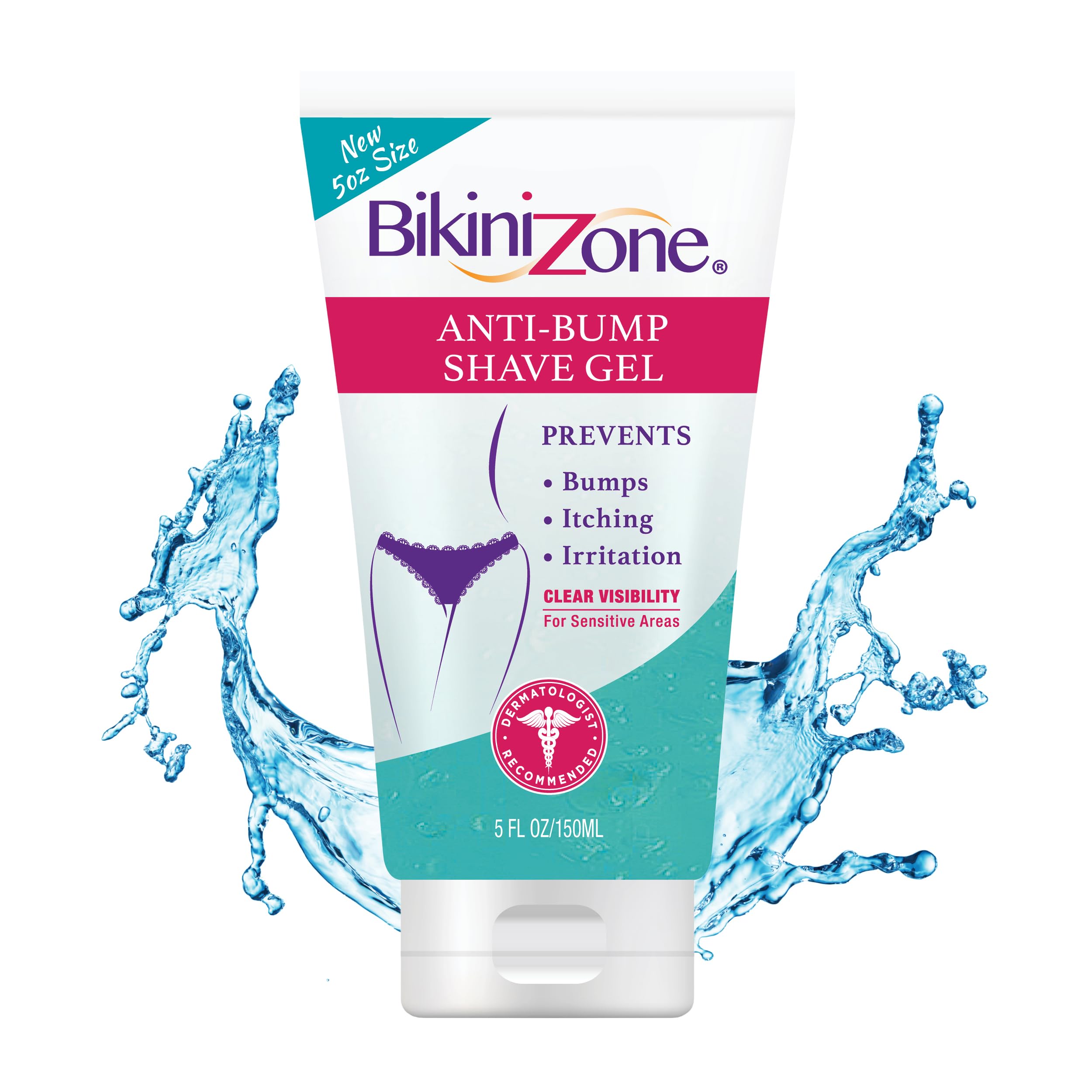 Bikini Zone anti-bump shave gel bottle front showing gentle, precise glide