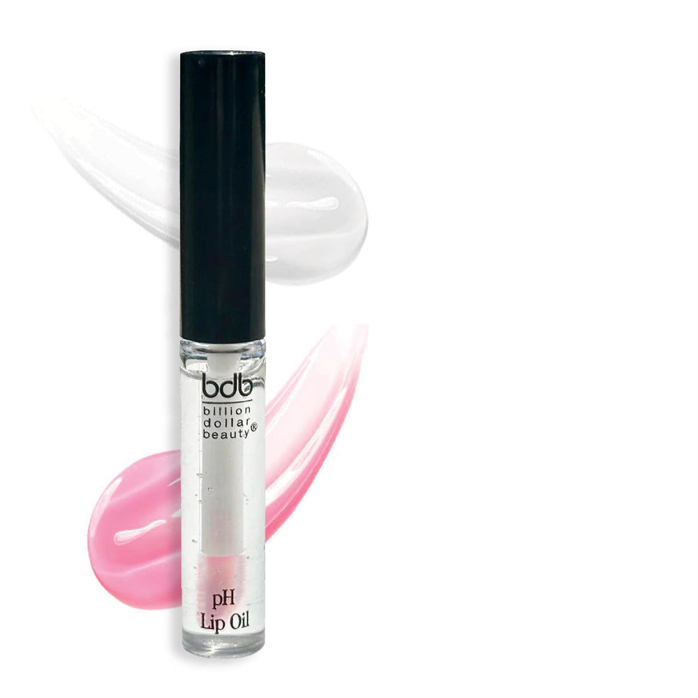 Billion Dollar Brows bdb lip oil bottle shows color-changing formula creating a personalized pink tint.