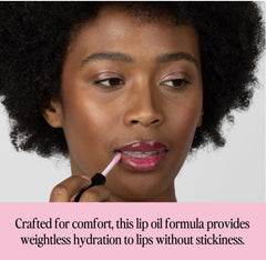 Glossy, non-sticky lip oil texture enriched with hydrating oils for lasting comfort.