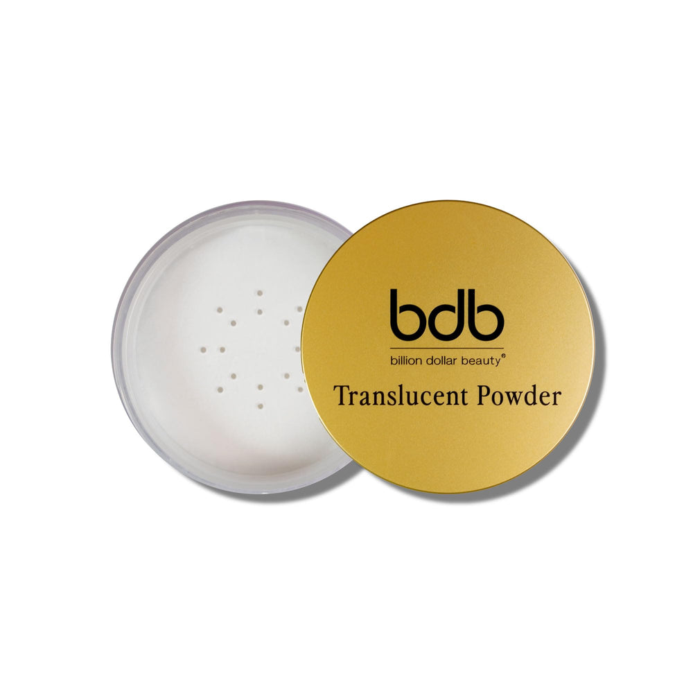 Billion Dollar Brows BDB translucent setting powder bottle delivers shine-minimizing, skin-flattering finish.