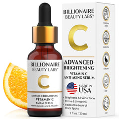 Billionaire Beauty Labs Vitamin C Serum bottle with pump for radiant, hydrated skin.