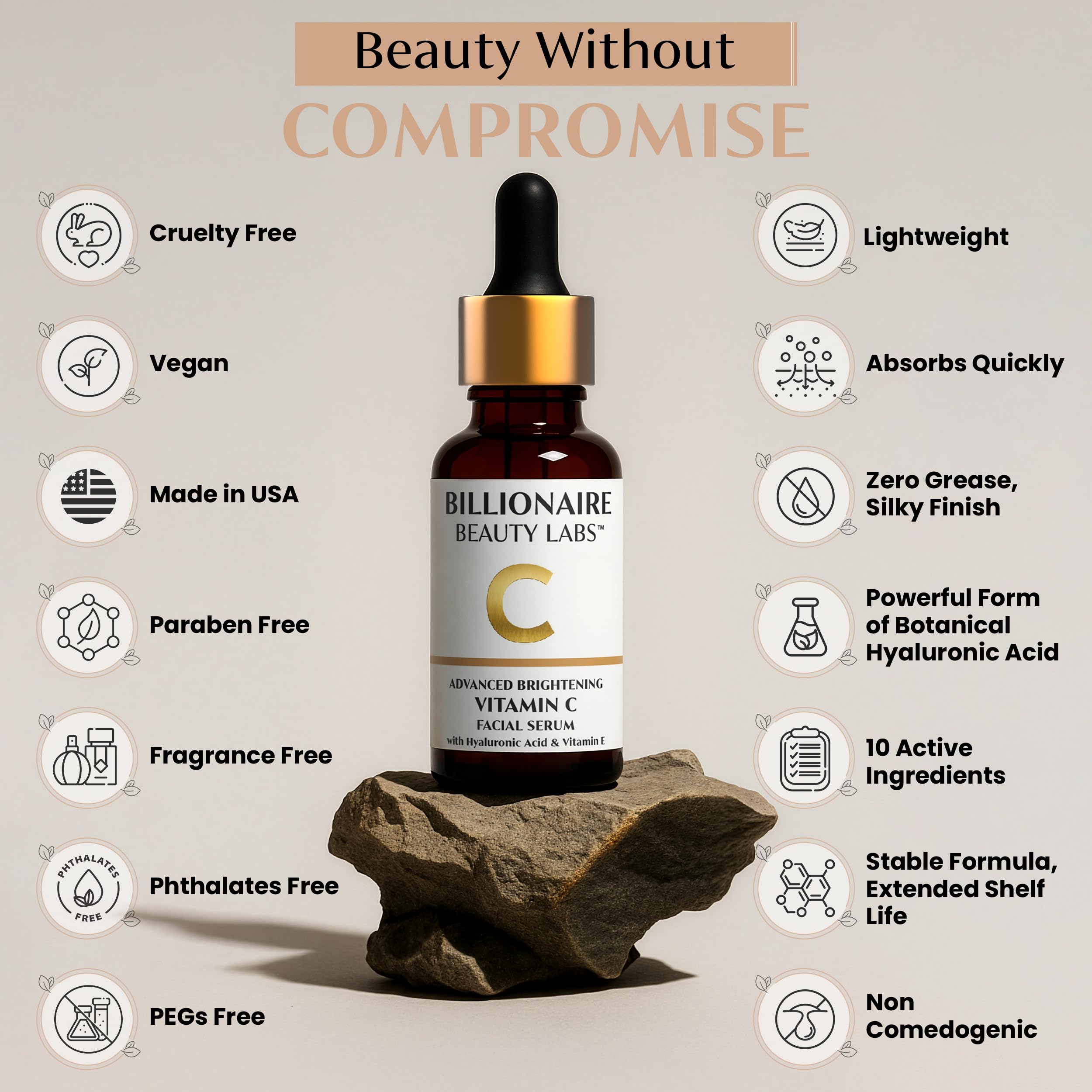BILLIONAIRE BEAUTY LABS Vitamin C serum hyaluronic-acid blend suggests plump, refreshed complexion.