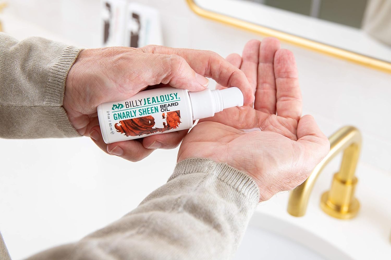 Billy Jealousy Beard Oil morning routine scene with soft beard.