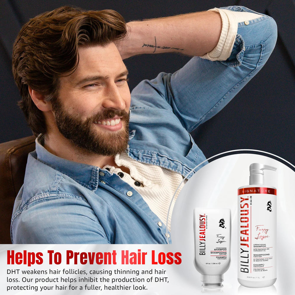 Label highlights DHT-blocking ingredients in Billy Jealousy Fuzzy Logic shampoo