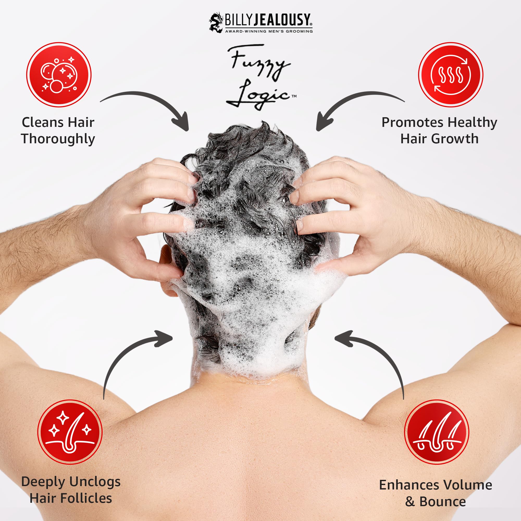 Scalp massage scene suggesting unclogging follicles with Fuzzy Logic shampoo