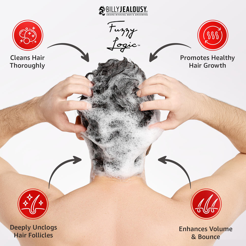 Scalp massage scene suggesting unclogging follicles with Fuzzy Logic shampoo