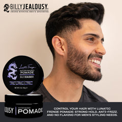 Hands applying Lunatic Fringe pomade for smooth control and anti-frizz performance.