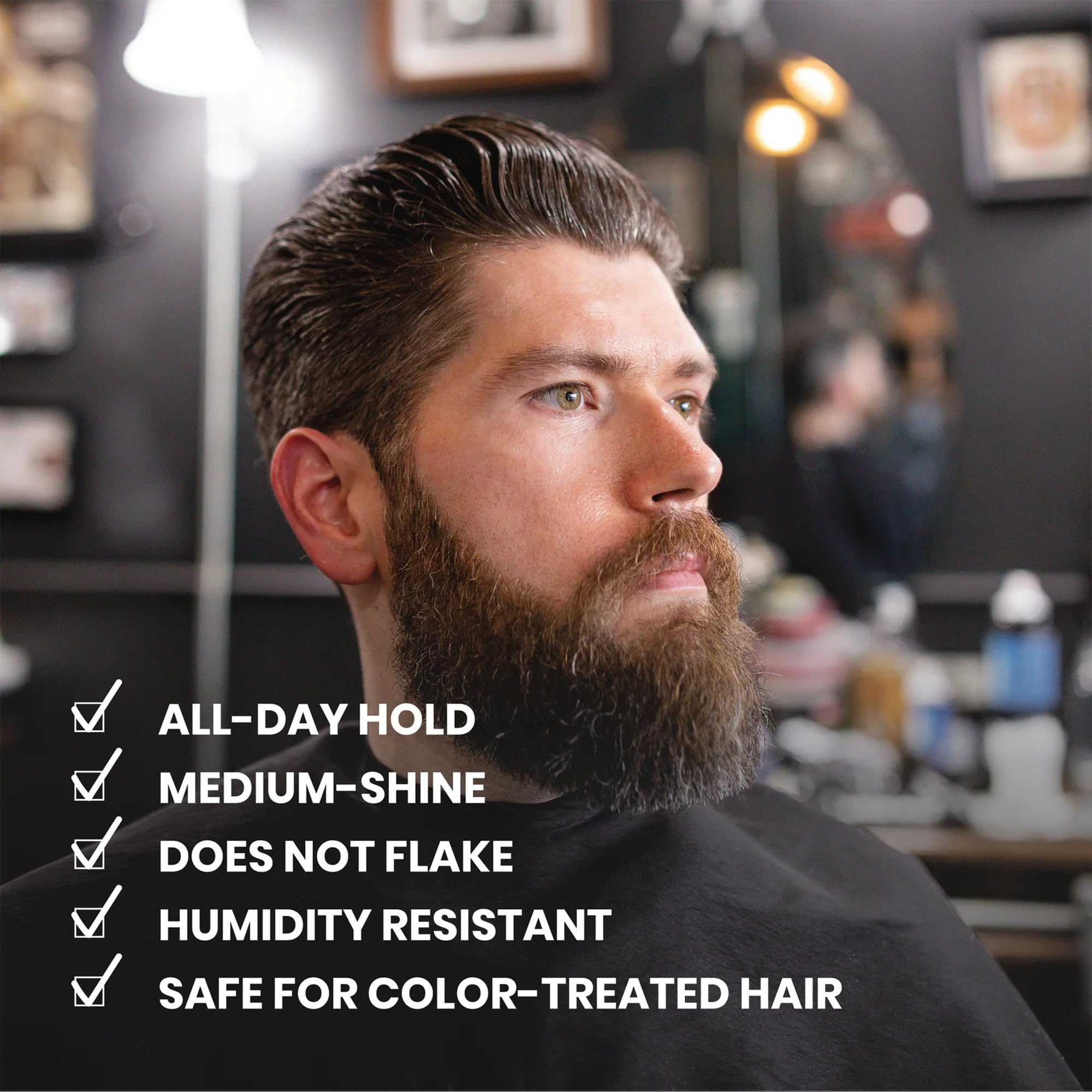 Slicked-back hair using Plaster Master for a medium shine