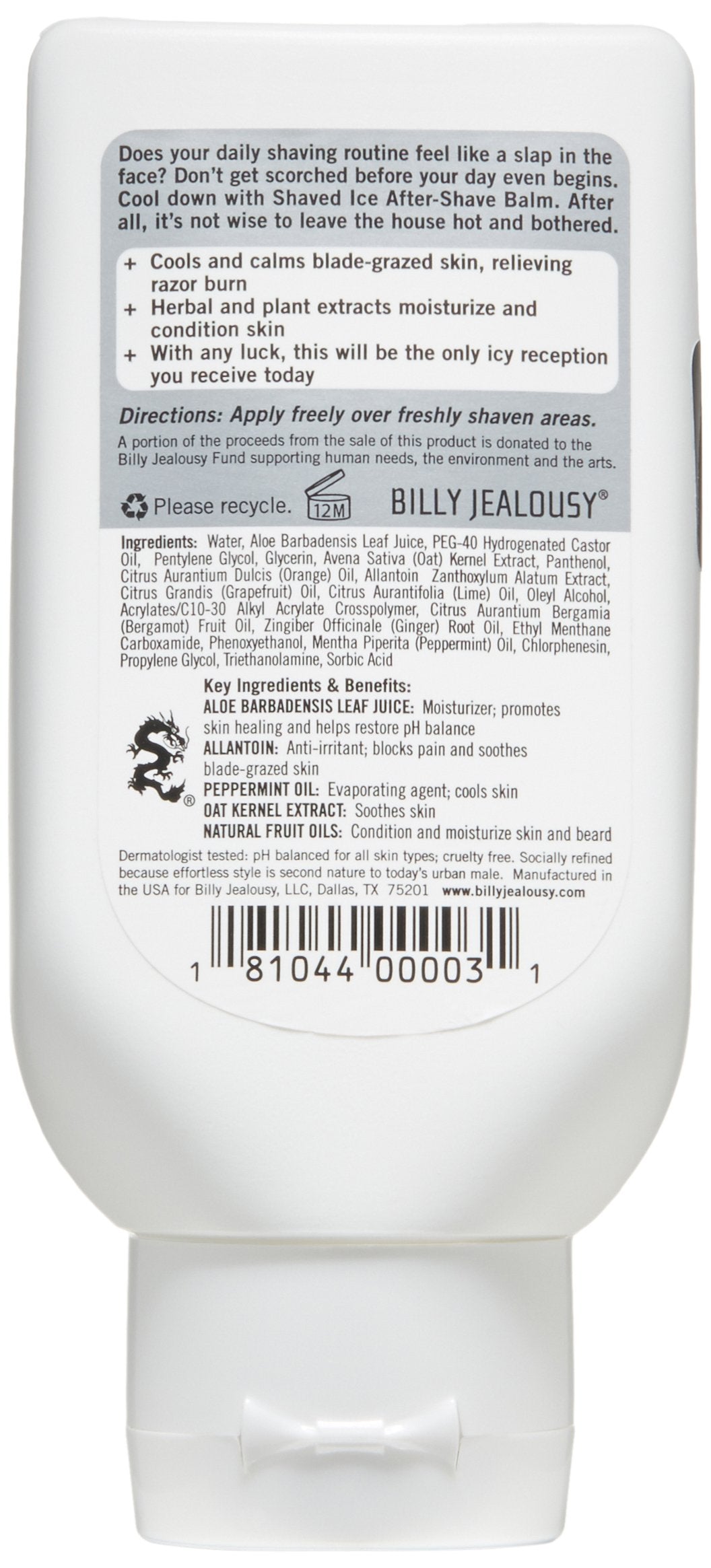 Billy Jealousy Shaved Ice balm label closeup showing soothing ingredients