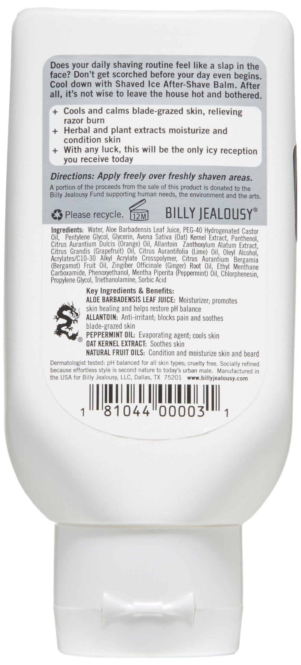Billy Jealousy Shaved Ice balm label closeup showing soothing ingredients