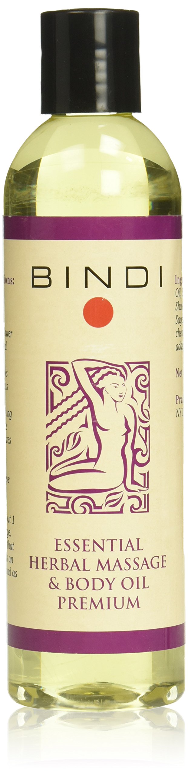 Bindi Premium Herbal Massage Oil bottle shows nourishing oils for silky skin.