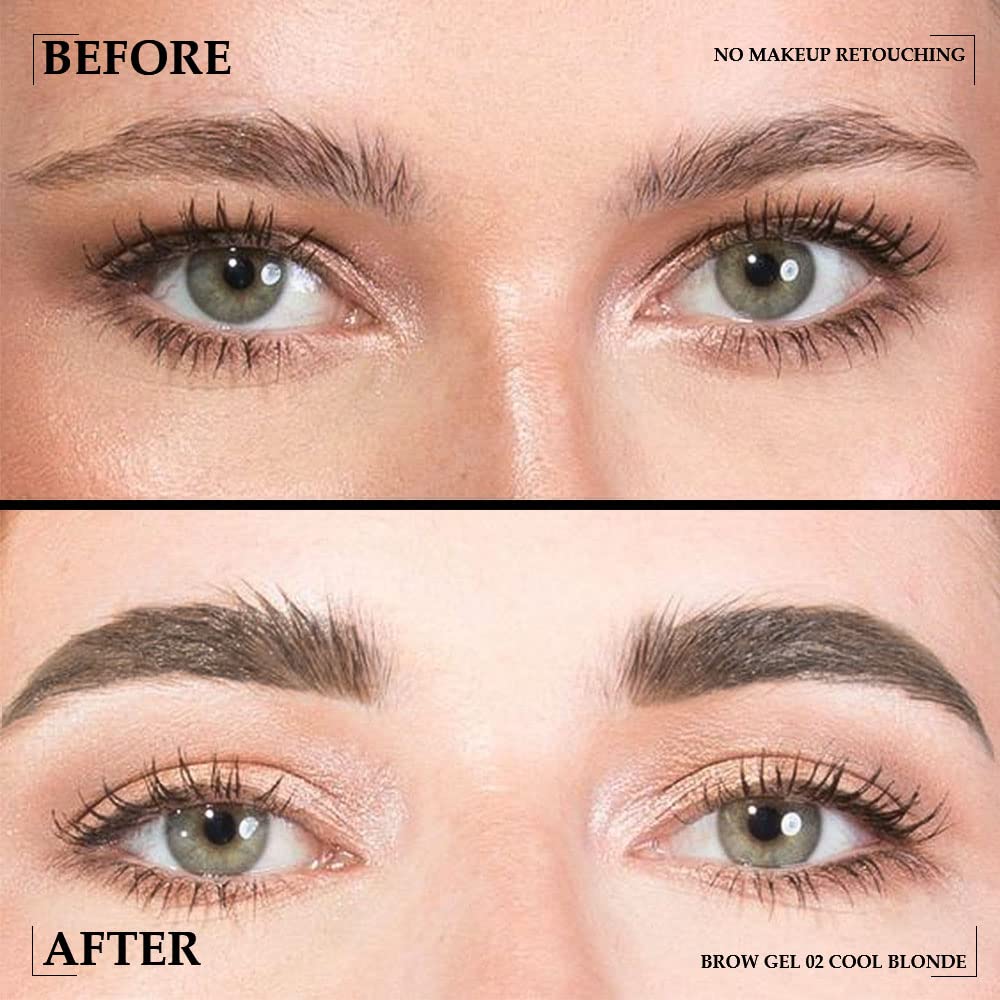 Eight-shade brow swatches show versatile color options.