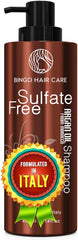 BINGO Hair Care Moroccan Argan Oil Shampoo bottle showing hydrating formula for all hair types.