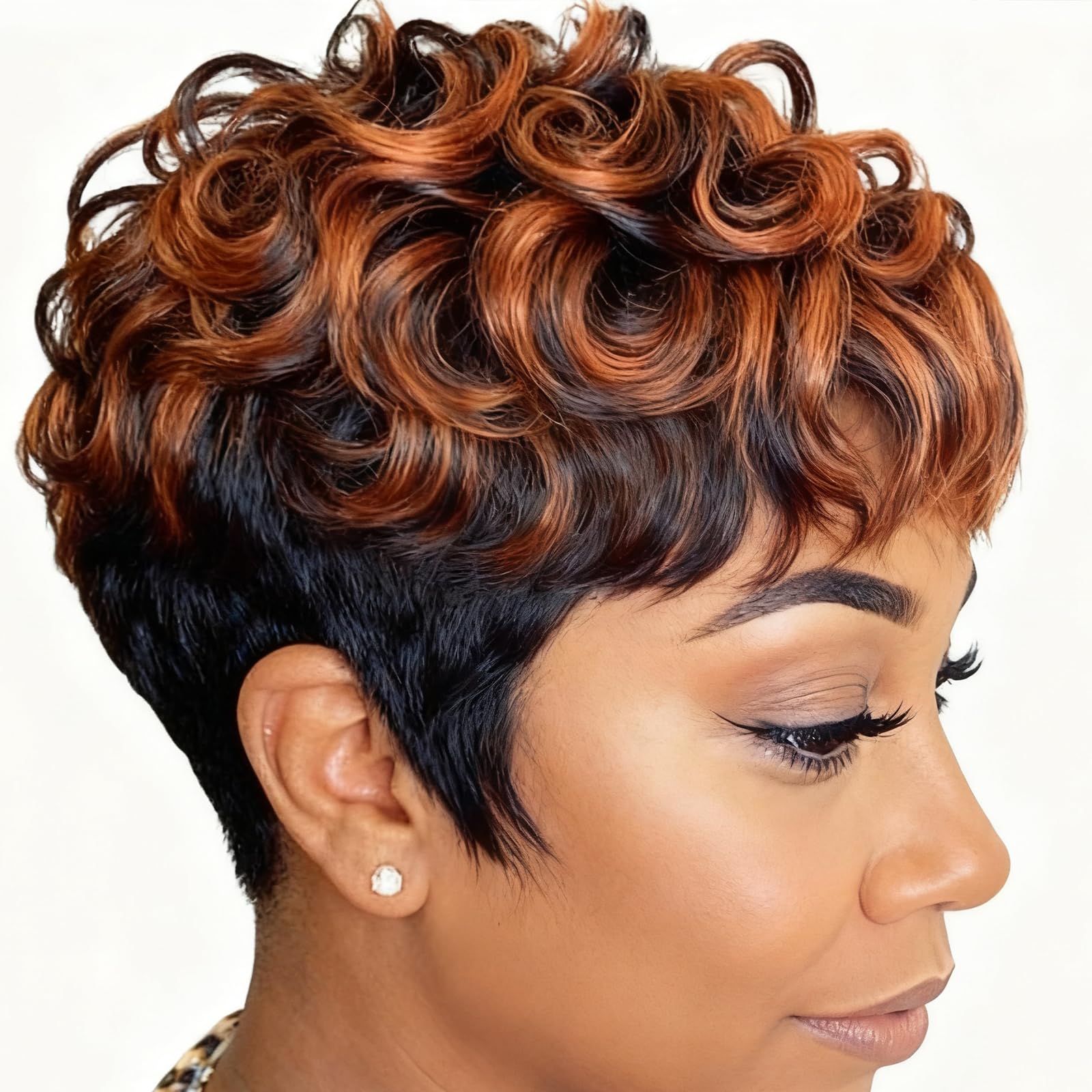 BingSing short pixie wig with bangs in black mixed brown, front view for a natural frame.
