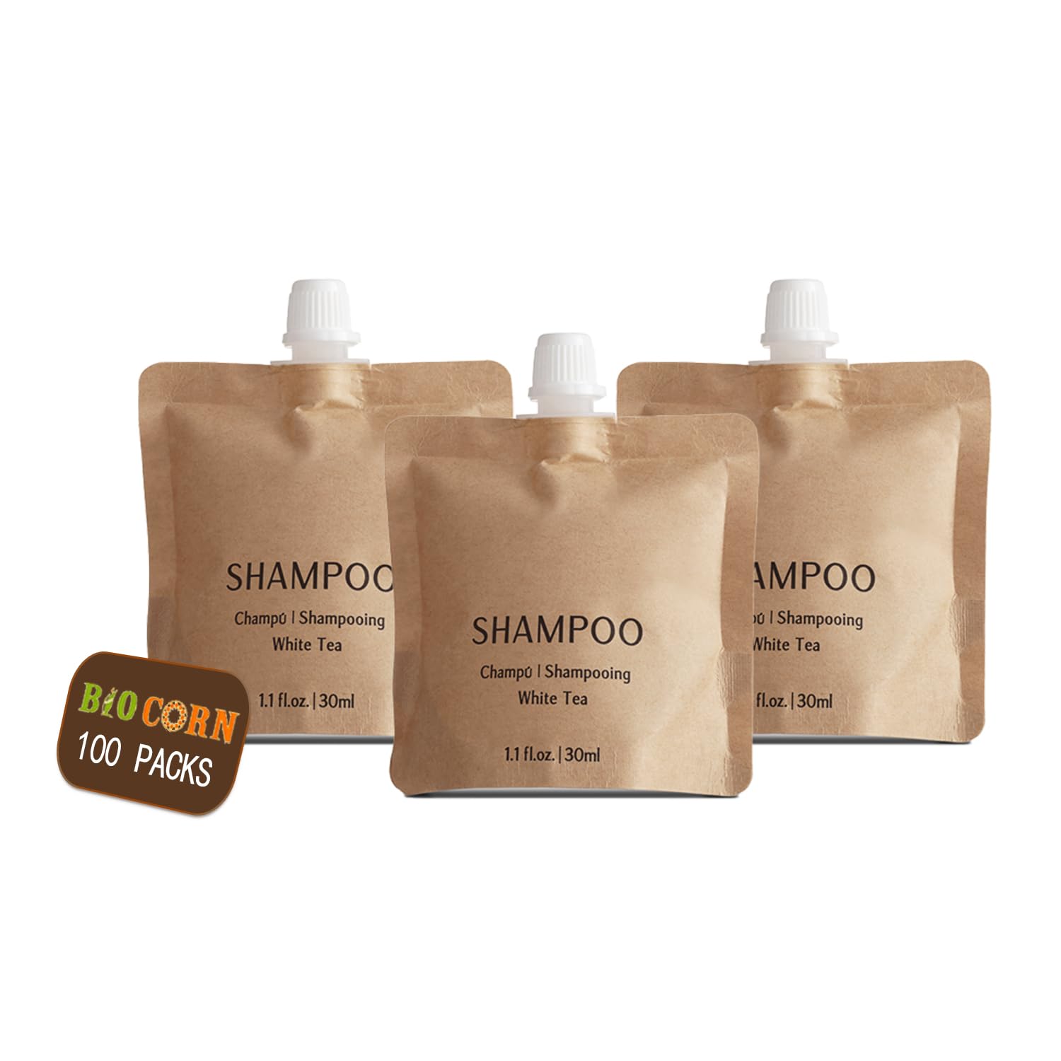 BIO CORN shampoo in recyclable kraft pouch, front view, eco-friendly hospitality solution