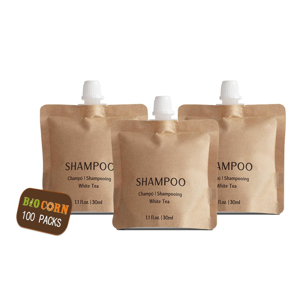 BIO CORN shampoo in recyclable kraft pouch, front view, eco-friendly hospitality solution