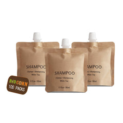 BIO CORN shampoo in recyclable kraft pouch, front view, eco-friendly hospitality solution