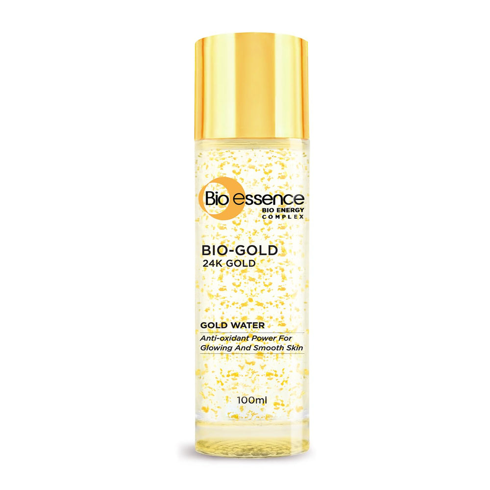 Bio Essence Bio-Gold Water bottle close-up showing premium packaging and glow.