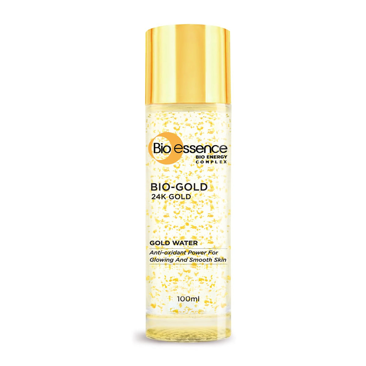 Bio Essence Bio-Gold Water bottle close-up showing premium packaging and glow.