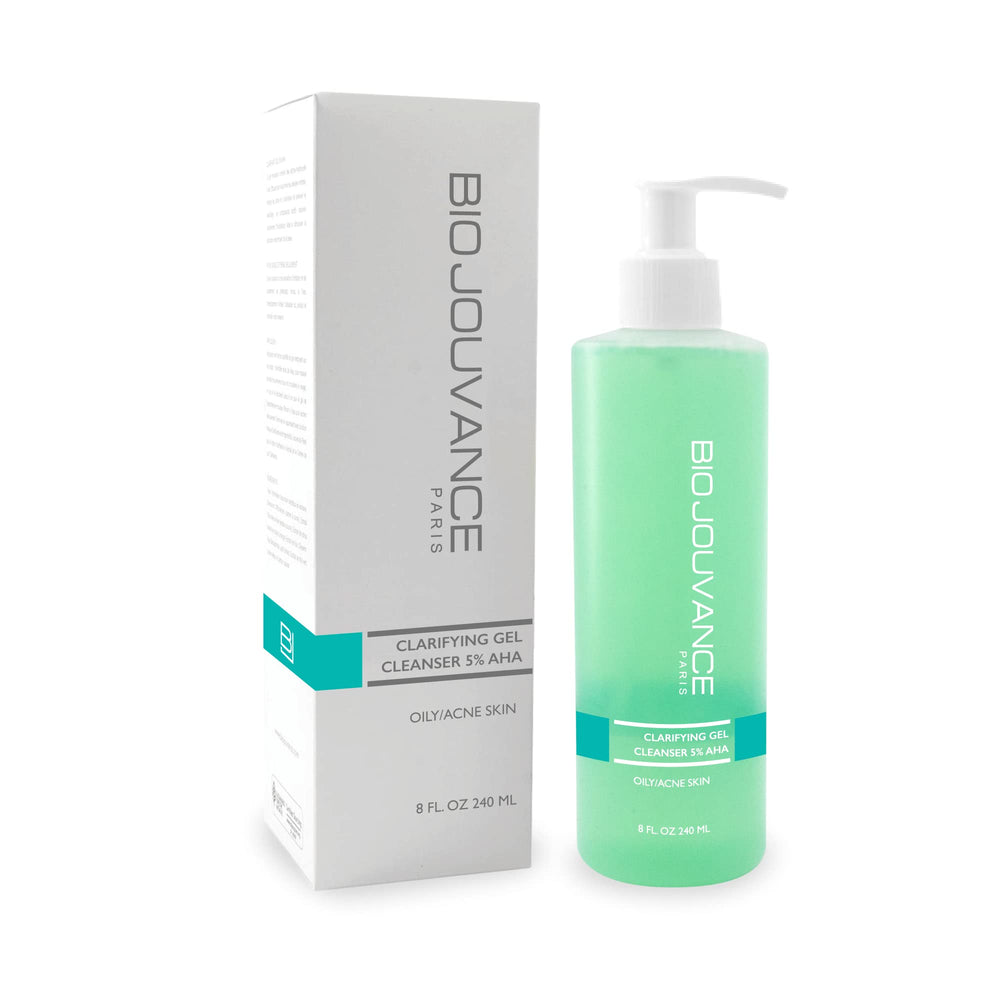 Bio Jouvance Paris clarifying gel cleanser bottle pour shows fresh cleansing action for clearer pores.