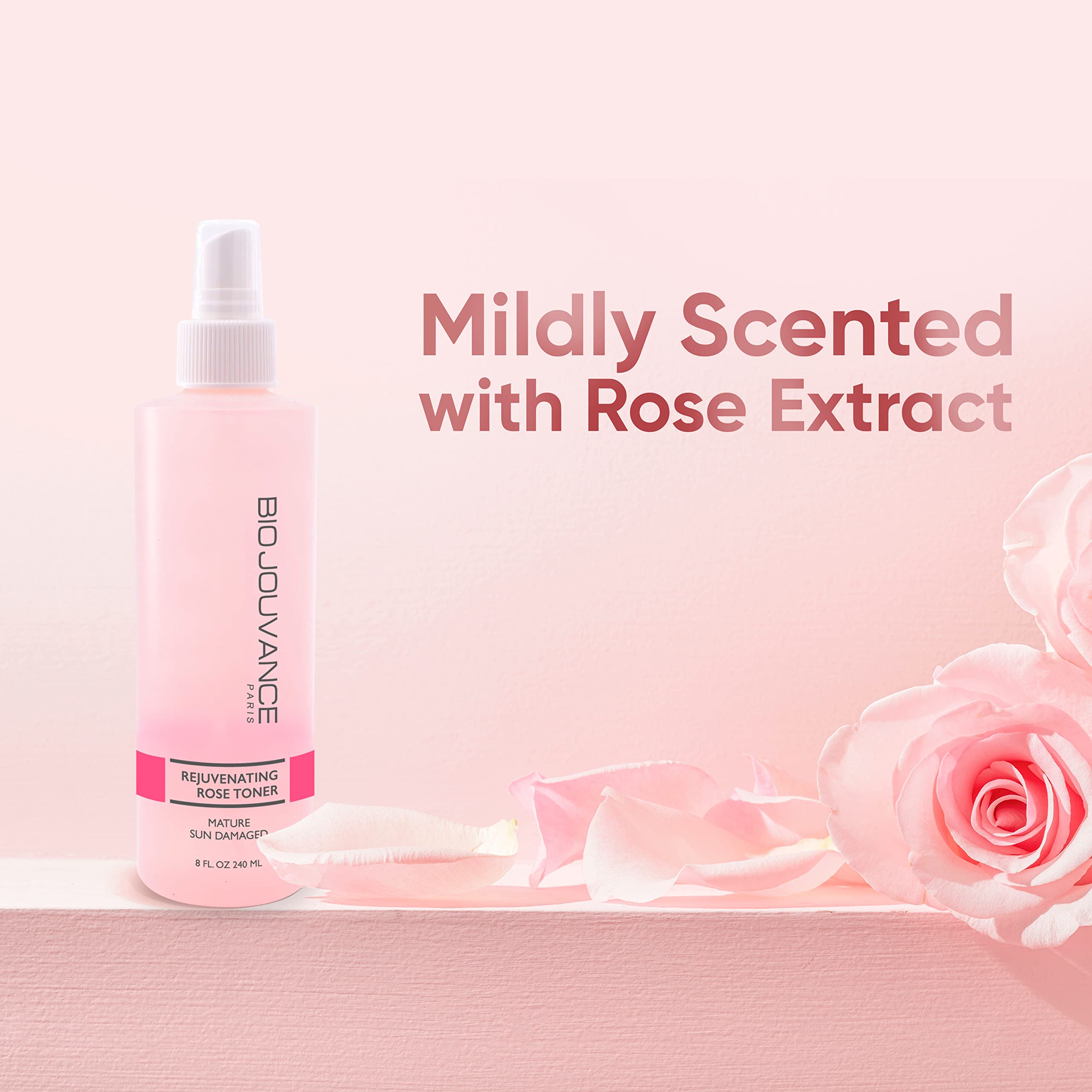 BIO JOUVANCE PARIS Rose Toner Bottle on counter with soft lighting.