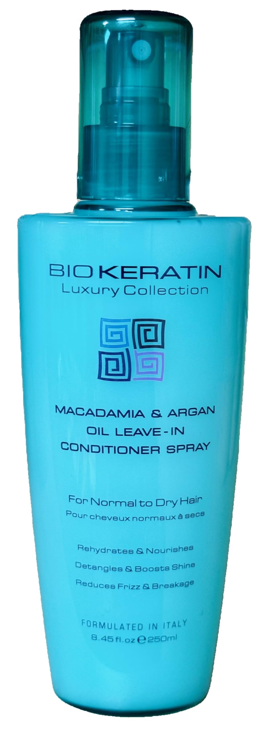 Bio Keratin Macadamia & Argan Oil Leave-in Spray bottle nourishes and smooths dry hair.