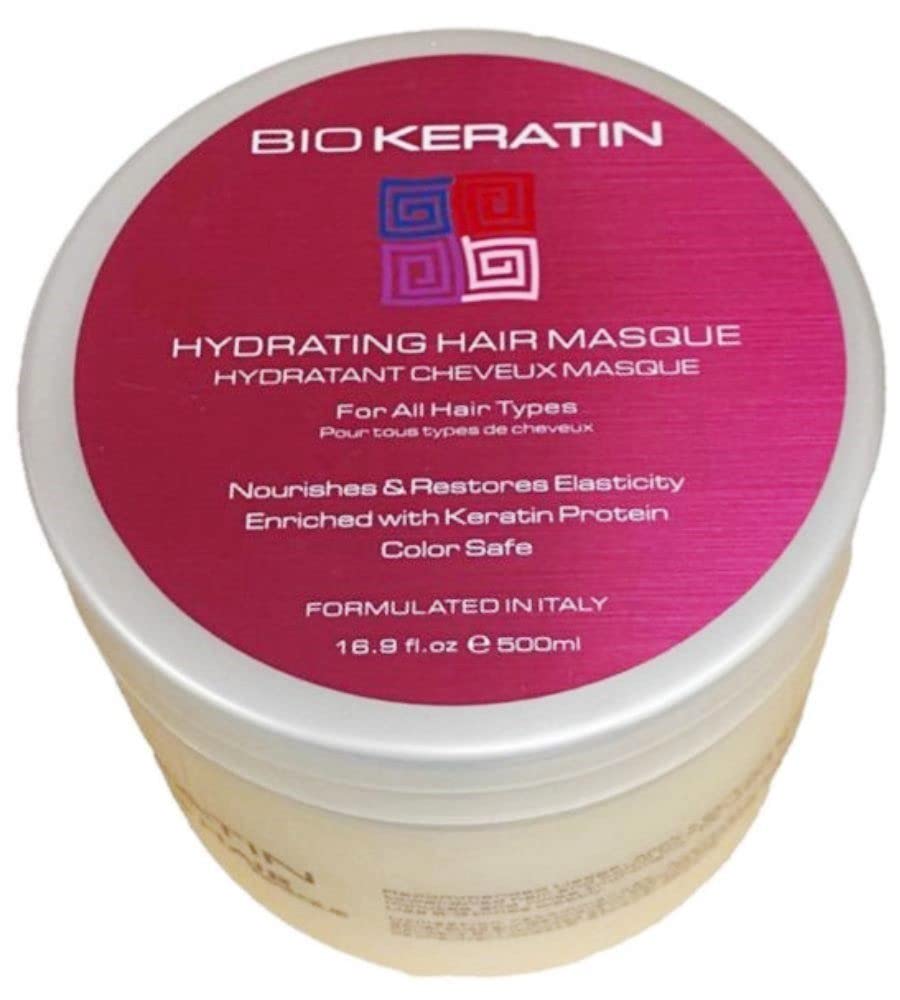 Bio Keratin Hair Masque application shows easy 5-7 minute treatment for sleek, nourished hair.
