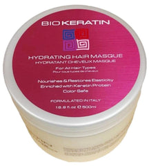 Bio Keratin Hair Masque application shows easy 5-7 minute treatment for sleek, nourished hair.