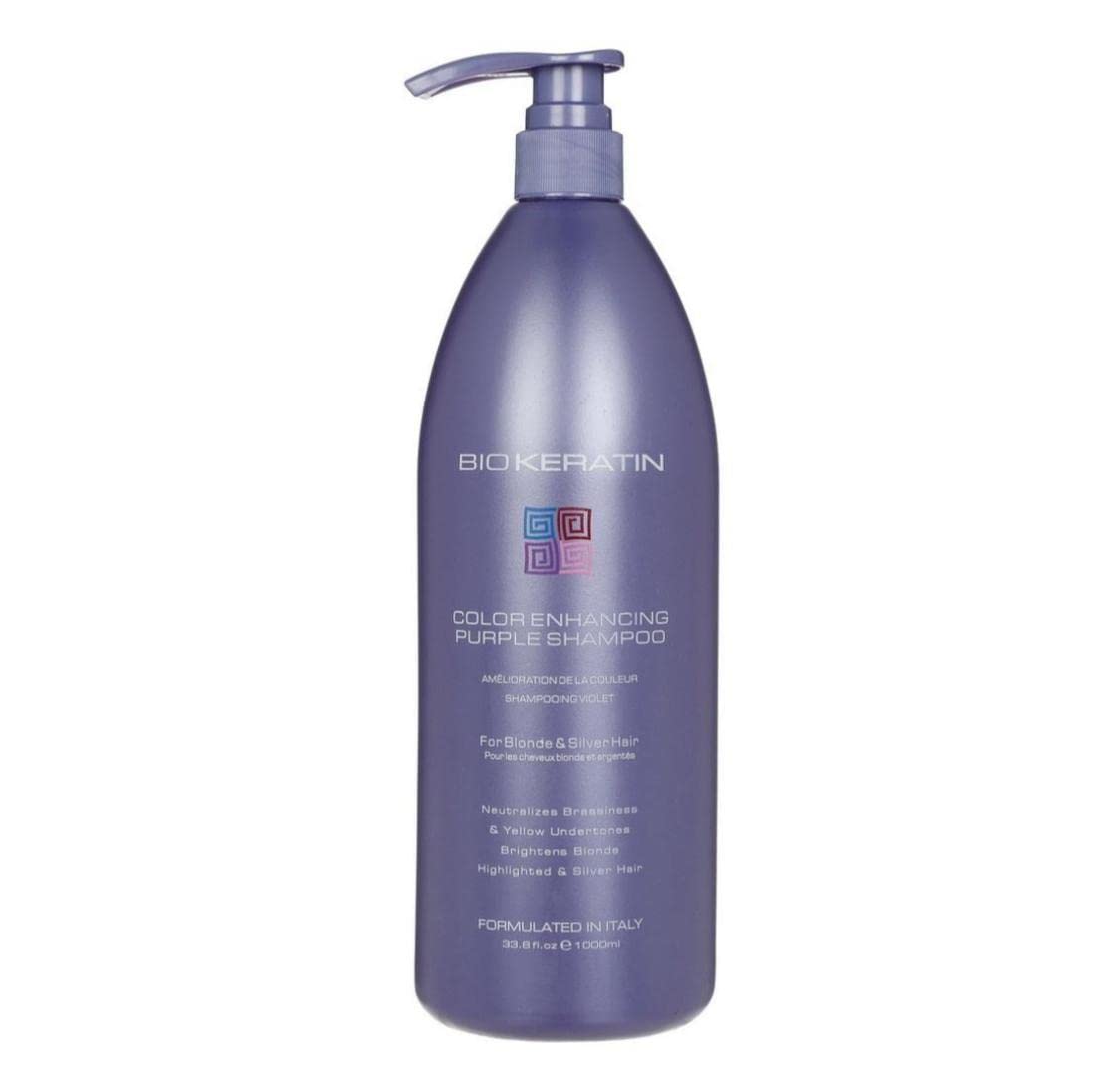 Bio PureOils color enhancing purple shampoo bottle tones brassiness for blonde and silver hair.