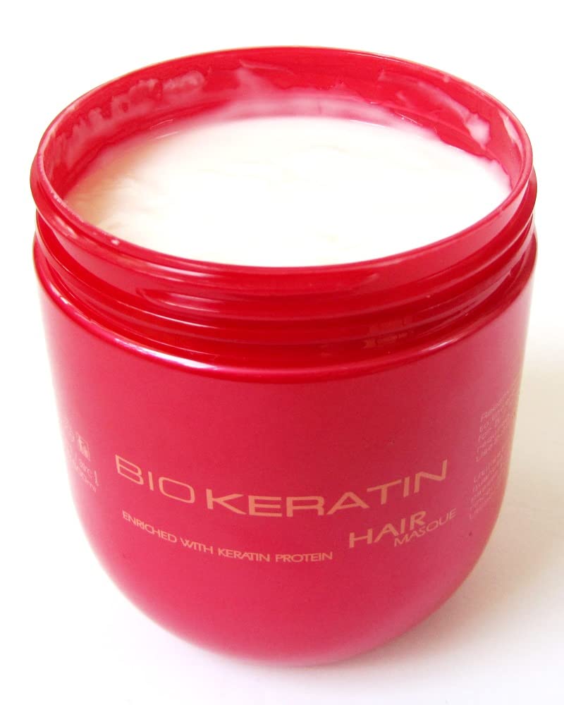 Packaging of Bio PureOils Keratin Masque on a bathroom shelf