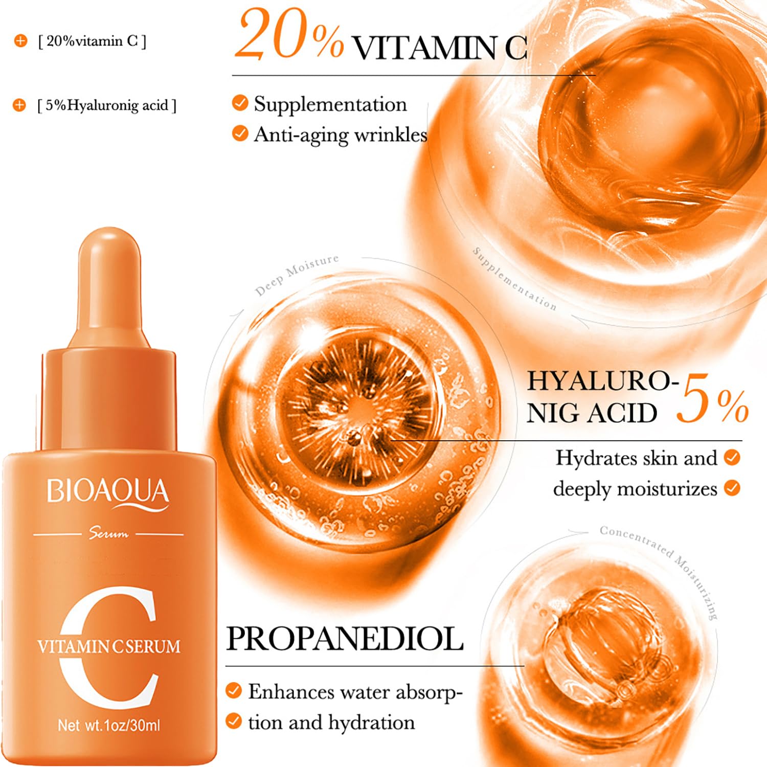 BIOAQUA Vitamin C Serum dropper close-up demonstrates precise application