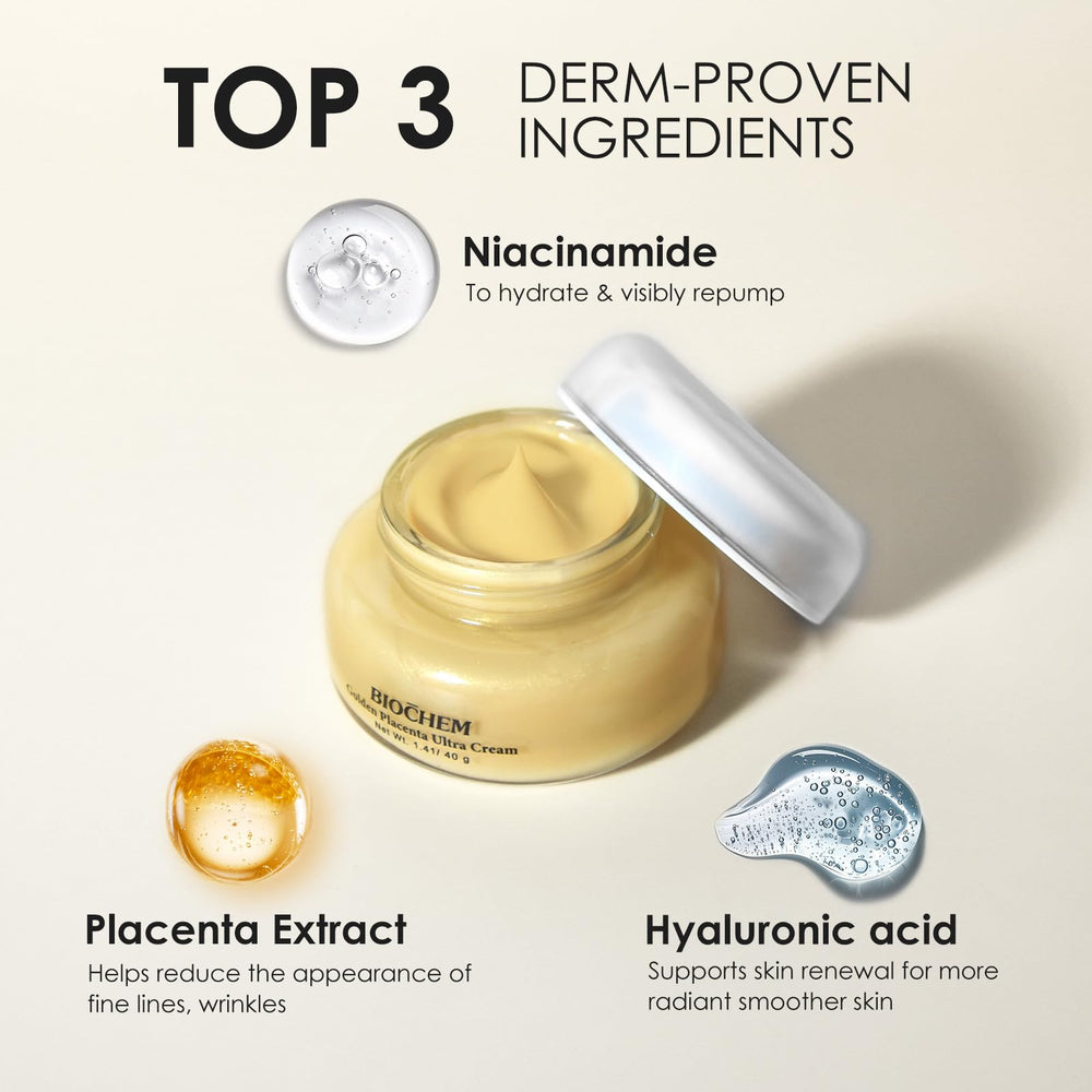 BIOCHEM Golden Placenta Ultra Cream ingredient panel highlights bioactive protein complex for skin support.