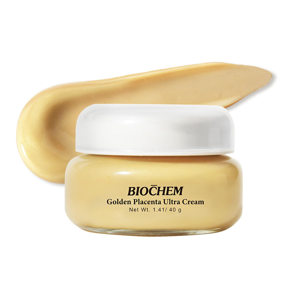 BIOCHEM Golden Placenta Ultra Cream jar showing luxurious anti-aging formula for face and neck.