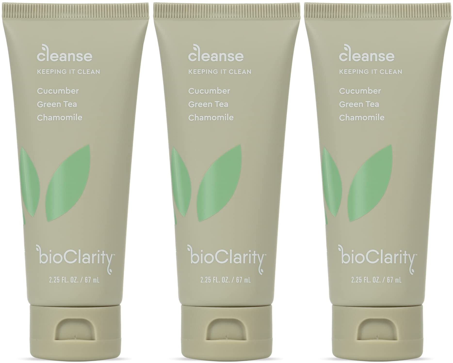 BioClarity Face Cleanser bottle closeup, showcasing gentle vegan formula for sensitive skin.