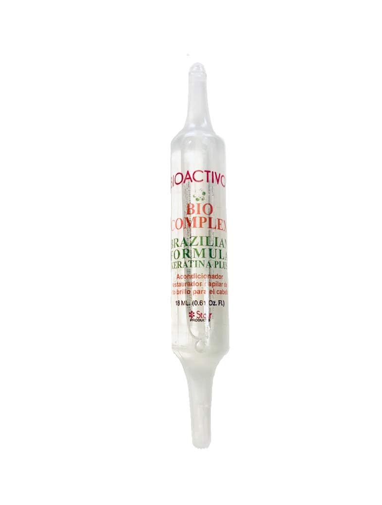 Bio Complex Brazilian Formula Keratina Plus vial view, compact treatment to nourish hair strands.