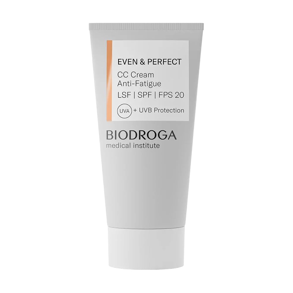 Biodroga Even & Perfect CC Cream bottle demonstrates color adapting coverage for a natural finish.