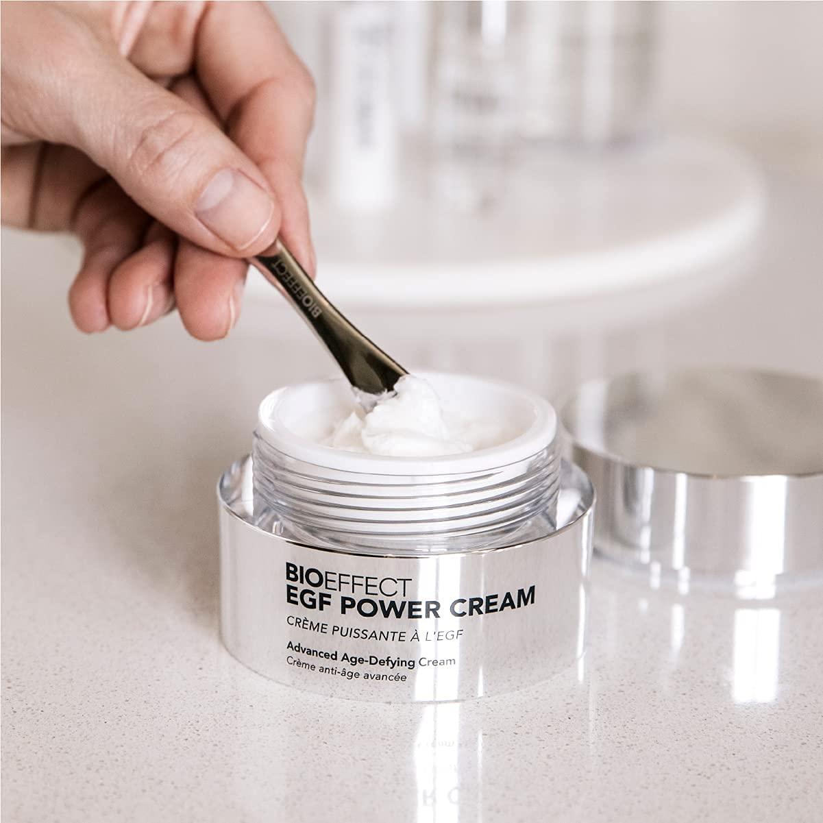Bioeffect EGF Power Cream during face application for smoothing.