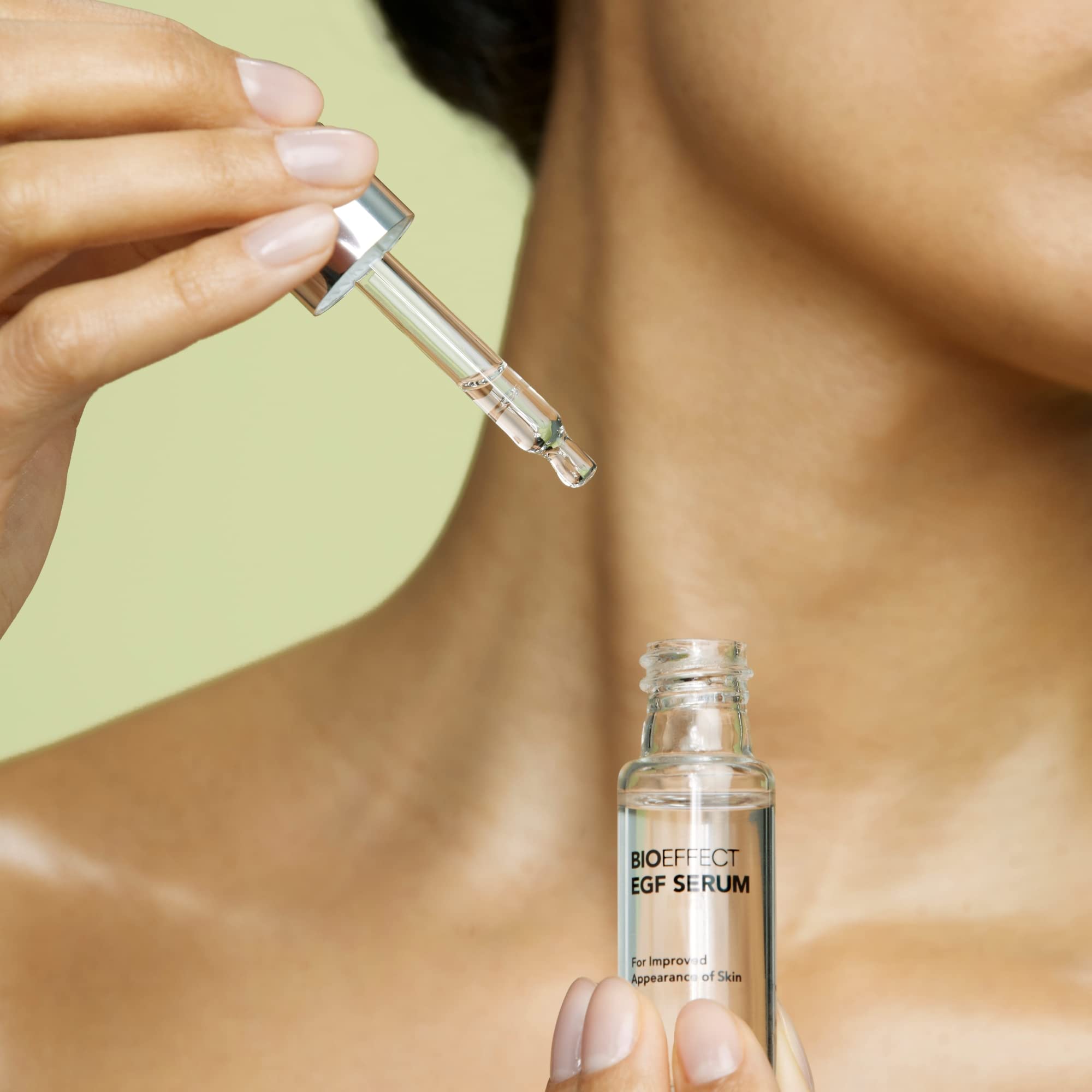 Bioeffect EGF Serum on skin illustrating neck and face use for a gentle morning routine