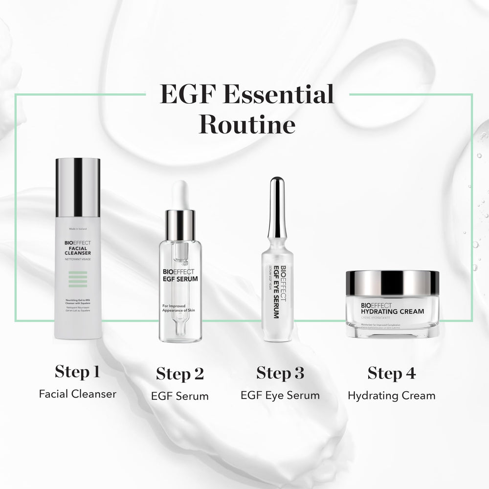 Bioeffect EGF Serum bottle with droplets suggests hydration boost on the skin